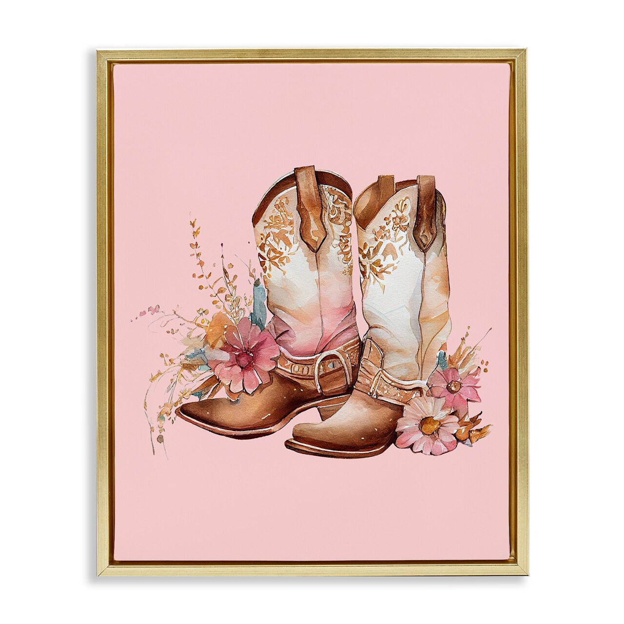 Stupell Industries Floral Pink Cowgirl Boots Framed Floater Canvas Wall Art
